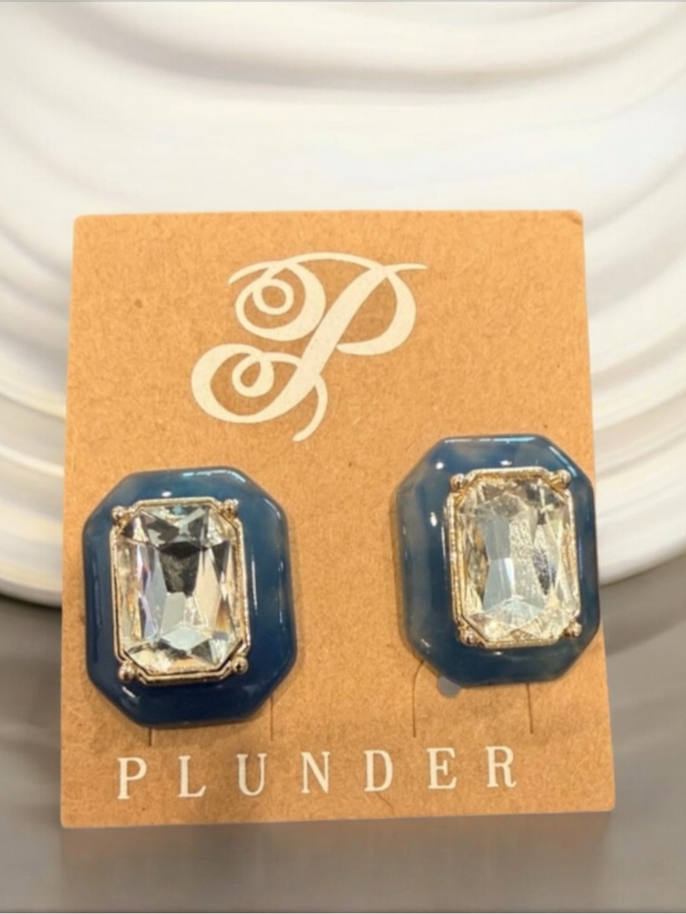 Plunder Navy Enamel and Clear
Crystal Octagon Studs